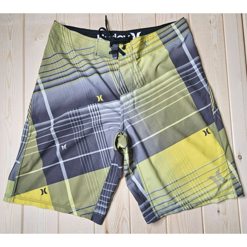 Hurley Mens Plaid Board Shorts Swim Trunks Size 32 Quick-Dry Green Yellow